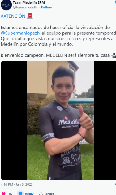 Мигель Анхель Лопес: «Благодарю команду Medellin EPM за прекрасную возможность выступать в 2023 году» - «Велоновости»